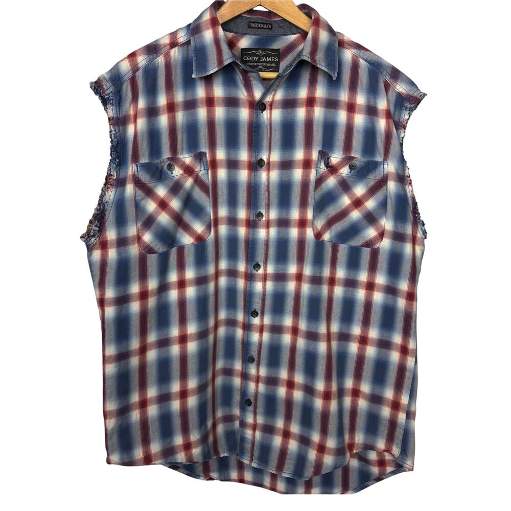 Cody James Western Plaid Sleeveless Shirt Mens Large Red Blue Cutoff Cowboy - Picture 10 of 10